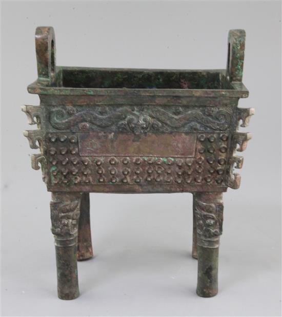 A large Chinese archaic bronze rectangular ritual food vessel, Fangding, early Western Zhou dynasty, 11th-10th century B.C.,